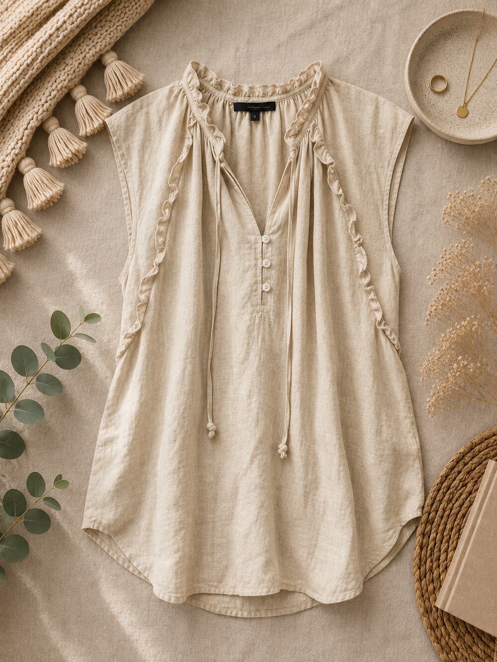 Harvé Benard Linen Ruffle Flutter Sleeve Peasant Blouse Beige Cottagecore Boho L